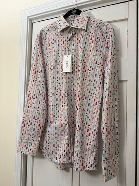 New Eton Mens Size 39, M, 15 ½ Ice Cream Print Button Down Poplin Casual Shirt
